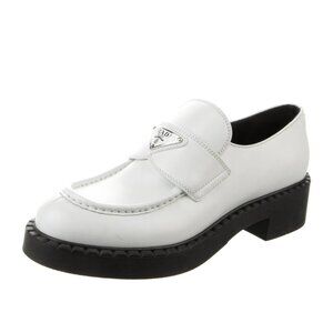 NWT Prada Loafers Spazzolato White Leather 40.5 Enameled Triangle Logo